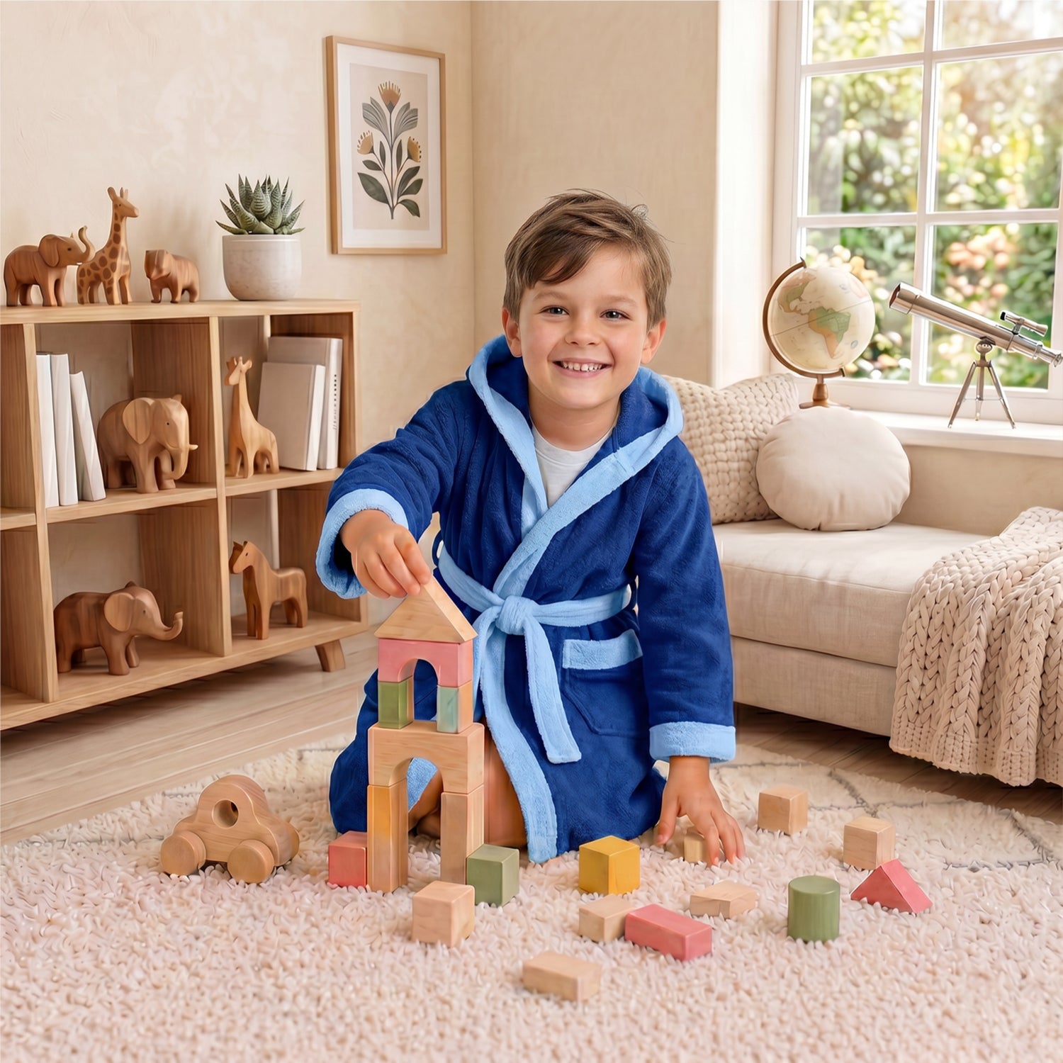 Puddle Kids Cotton Bathrobe with Hood, Tie Belt & Pockets - Navy Blue