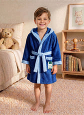 Puddle Kids Cotton Bathrobe with Hood, Tie Belt & Pockets - Navy Blue
