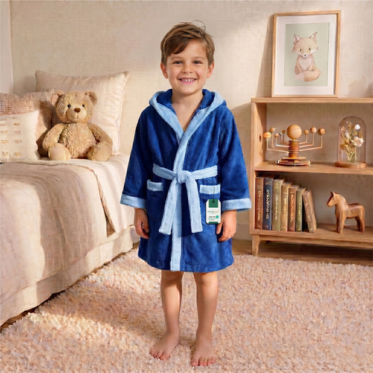 Puddle Kids Cotton Bathrobe with Hood, Tie Belt & Pockets - Navy Blue