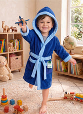 Puddle Kids Cotton Bathrobe with Hood, Tie Belt & Pockets - Navy Blue