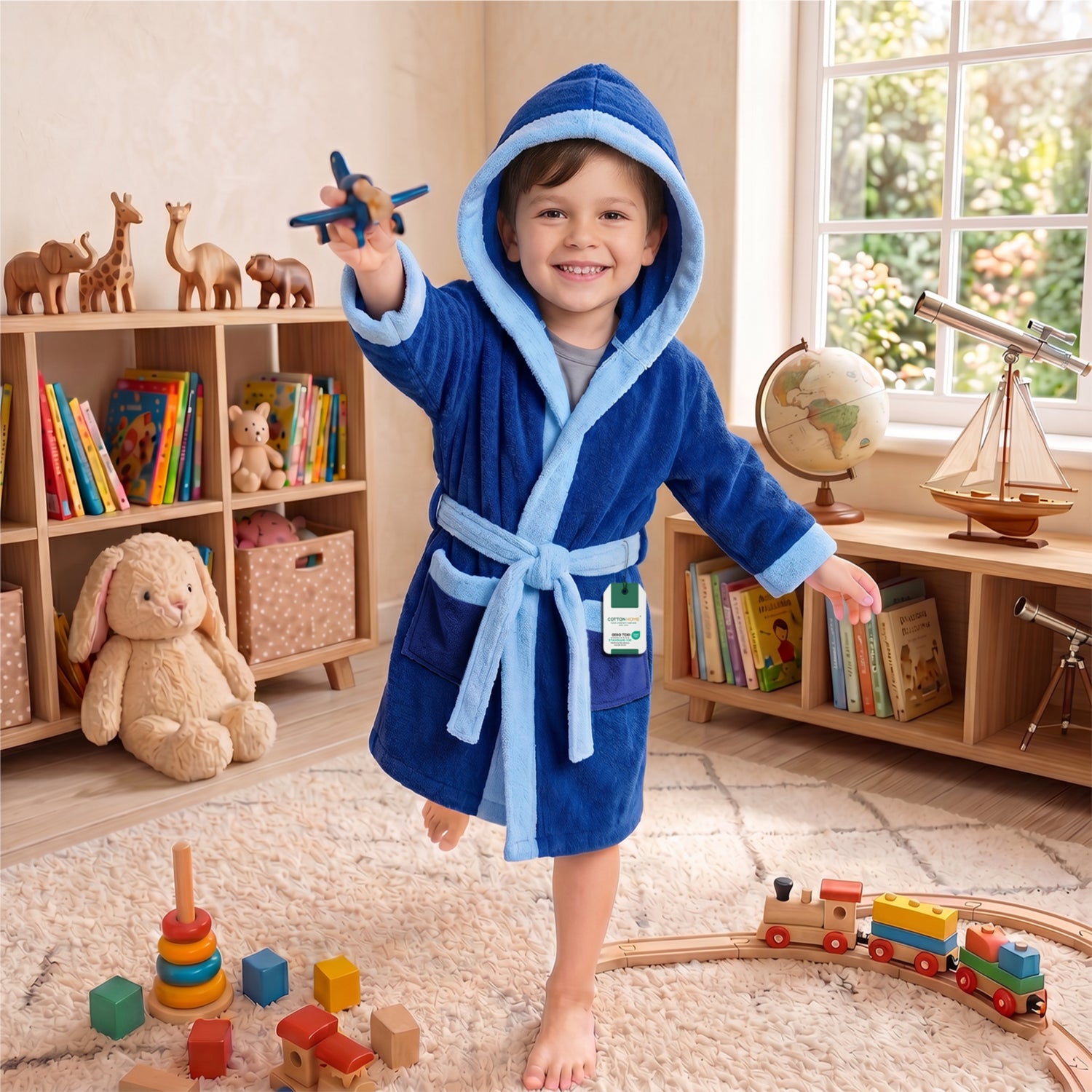 Puddle Kids Cotton Bathrobe with Hood, Tie Belt & Pockets - Navy Blue