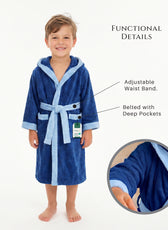Puddle Kids Cotton Bathrobe with Hood, Tie Belt & Pockets - Navy Blue