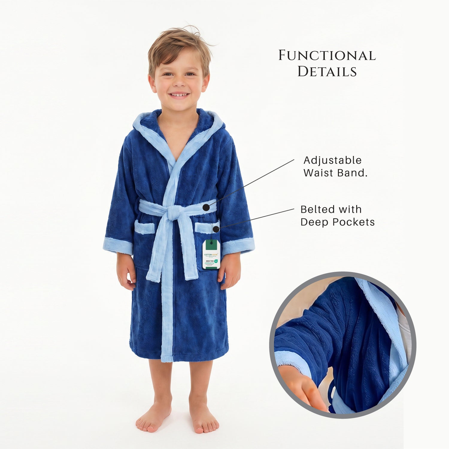 Puddle Kids Cotton Bathrobe with Hood, Tie Belt & Pockets - Navy Blue