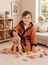 Puddle Kids Cotton Bathrobe with Hood, Tie Belt & Pockets - Orange Black