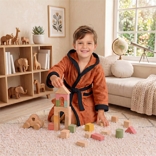 Puddle Kids Cotton Bathrobe with Hood, Tie Belt & Pockets - Orange Black