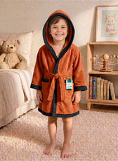 Puddle Kids Cotton Bathrobe with Hood, Tie Belt & Pockets - Orange Black