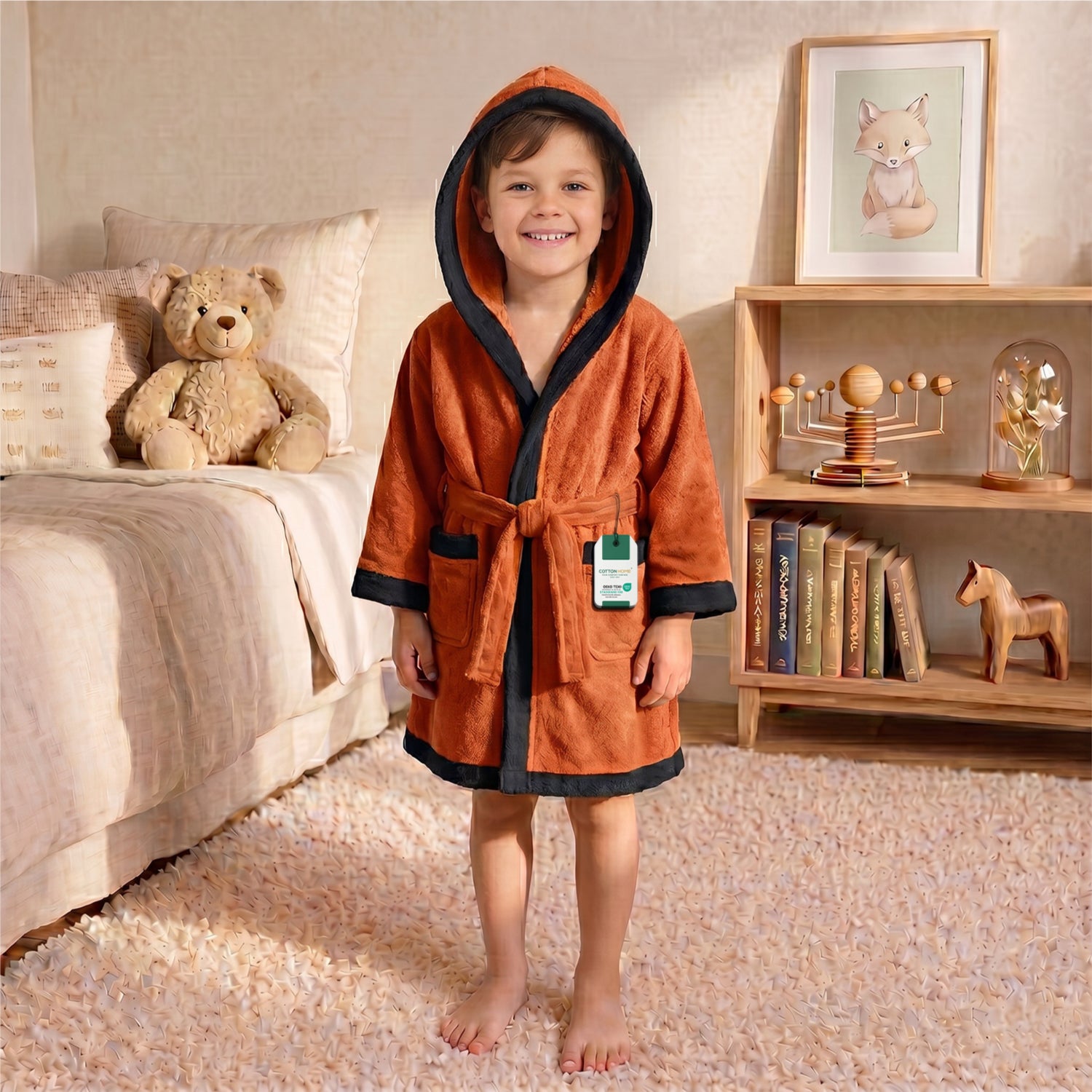 Puddle Kids Cotton Bathrobe with Hood, Tie Belt & Pockets - Orange Black