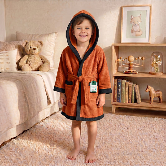 Puddle Kids Cotton Bathrobe with Hood, Tie Belt & Pockets - Orange Black