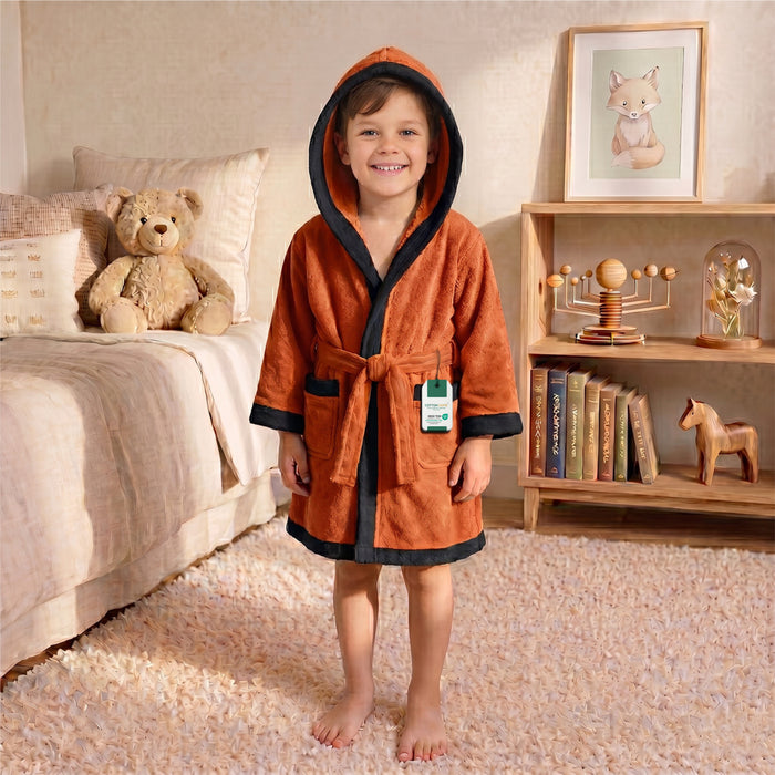 Puddle Kids Cotton Bathrobe with Hood, Tie Belt & Pockets - Orange Black