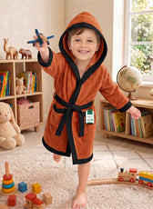 Puddle Kids Cotton Bathrobe with Hood, Tie Belt & Pockets - Orange Black