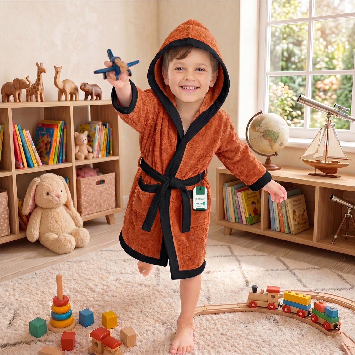 Puddle Kids Cotton Bathrobe with Hood, Tie Belt & Pockets - Orange Black