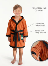 Puddle Kids Cotton Bathrobe with Hood, Tie Belt & Pockets - Orange Black