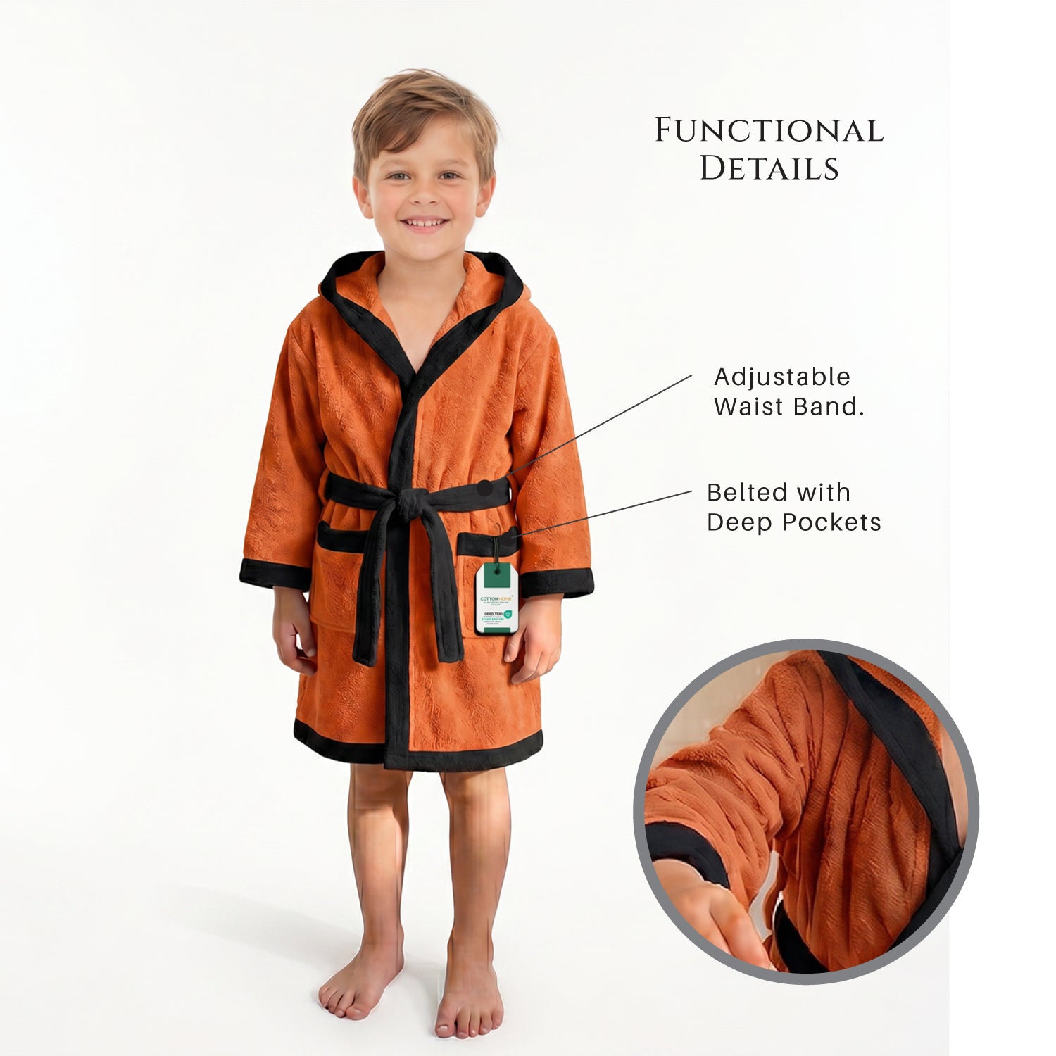 Puddle Kids Cotton Bathrobe with Hood, Tie Belt & Pockets - Orange Black