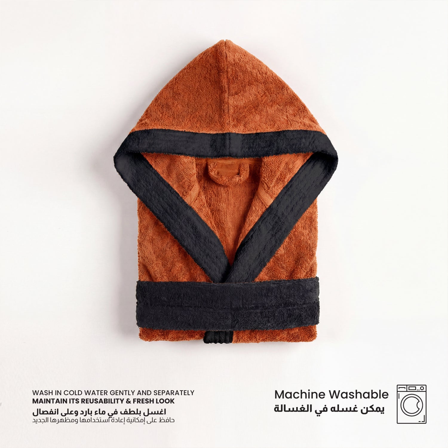 Puddle Kids Cotton Bathrobe with Hood, Tie Belt & Pockets - Orange Black