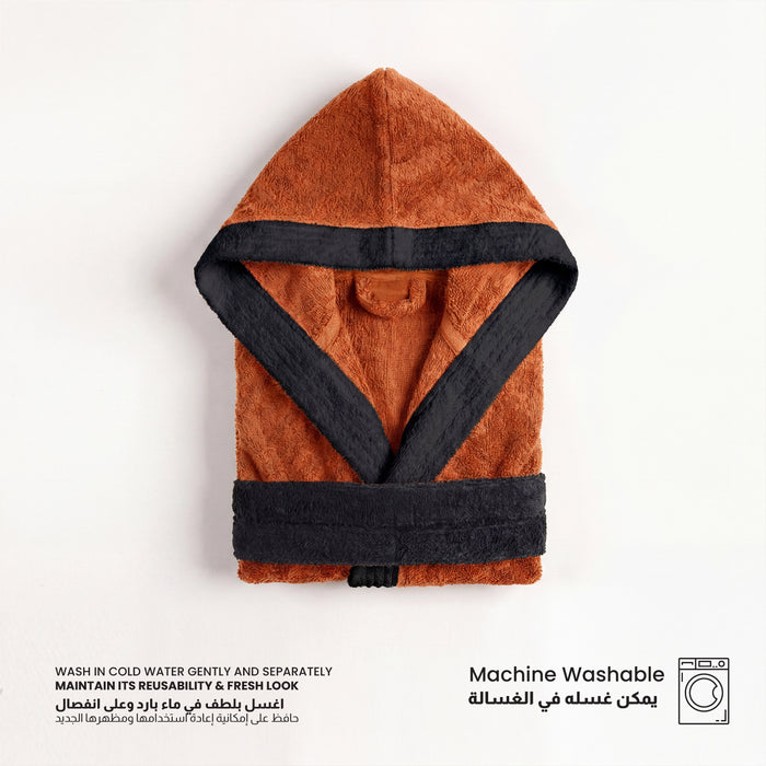 Puddle Kids Cotton Bathrobe with Hood, Tie Belt & Pockets - Orange Black