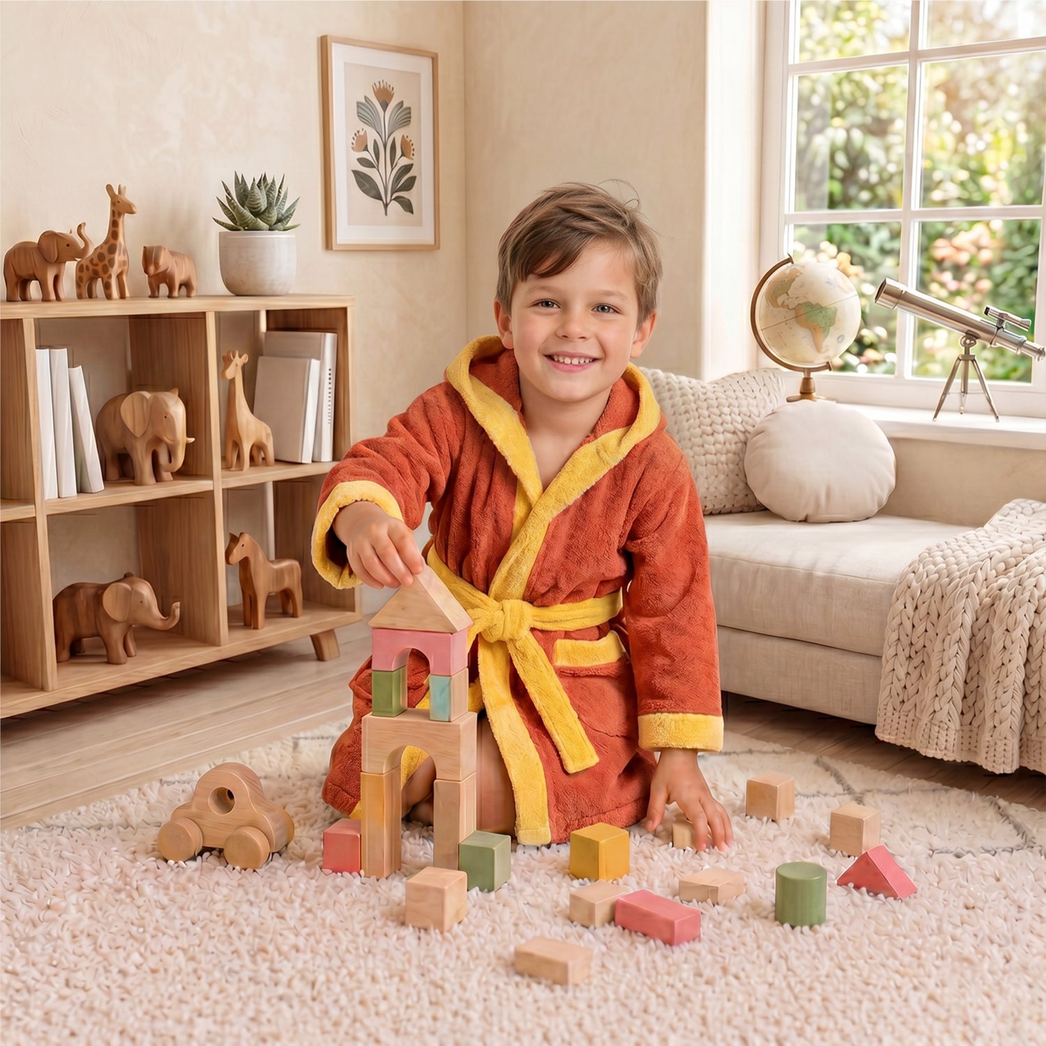 Puddle Kids Cotton Bathrobe with Hood, Tie Belt & Pockets - Orange Yellow