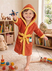 Puddle Kids Cotton Bathrobe with Hood, Tie Belt & Pockets - Orange Yellow
