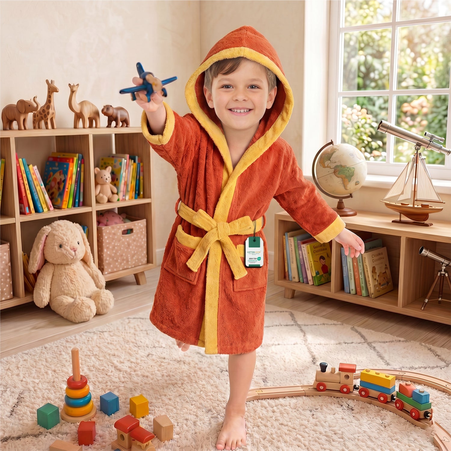 Puddle Kids Cotton Bathrobe with Hood, Tie Belt & Pockets - Orange Yellow
