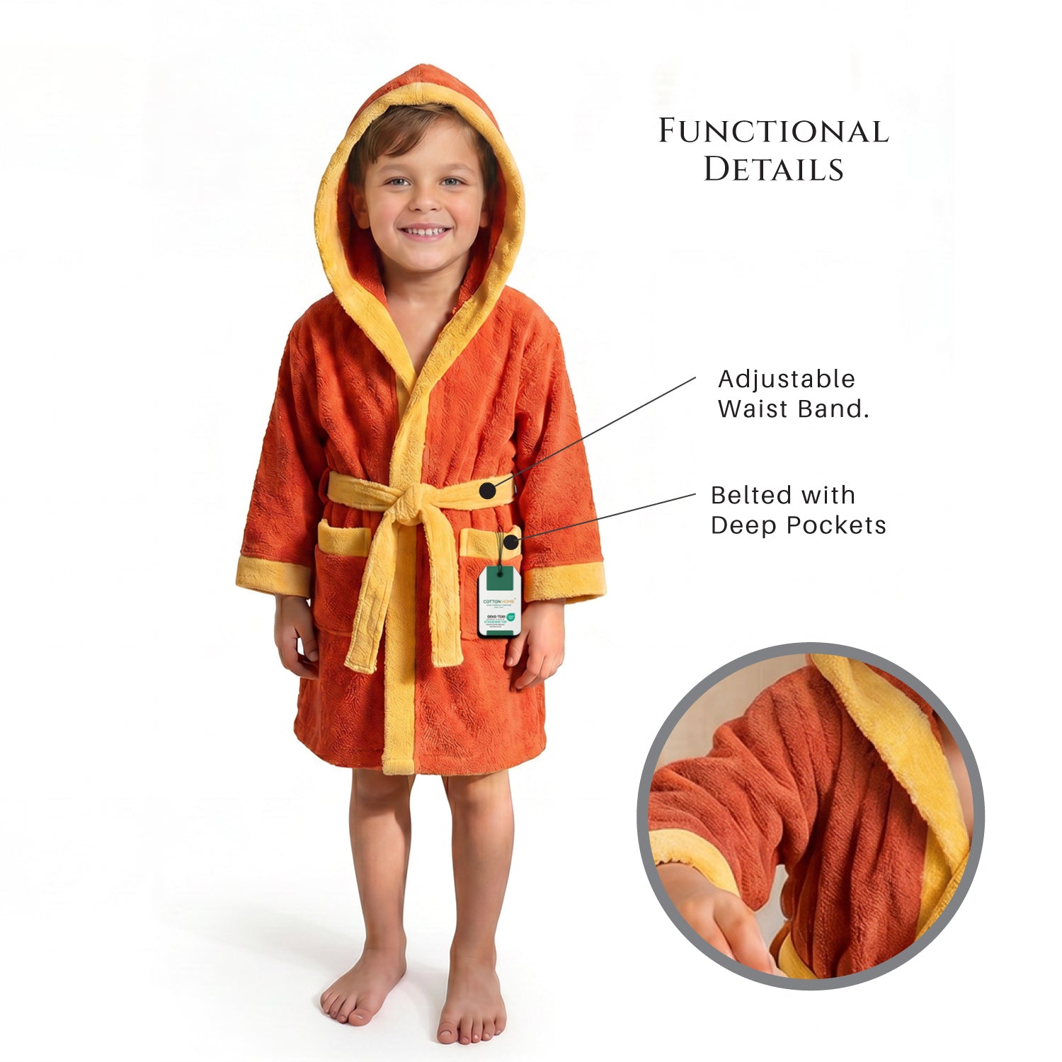 Puddle Kids Cotton Bathrobe with Hood, Tie Belt & Pockets - Orange Yellow