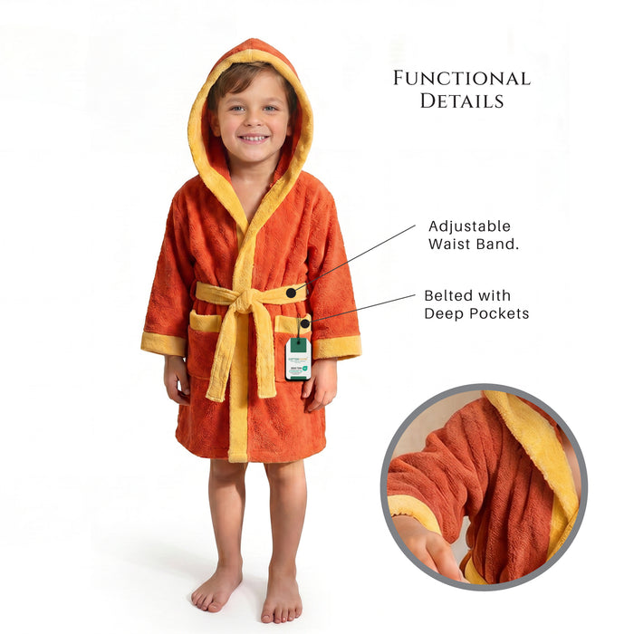 Puddle Kids Cotton Bathrobe with Hood, Tie Belt & Pockets - Orange Yellow