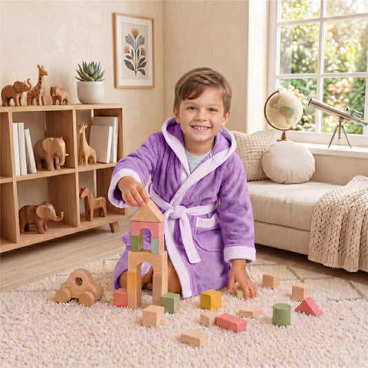 Puddle Kids Cotton Bathrobe with Hood, Tie Belt & Pockets - Light Purple