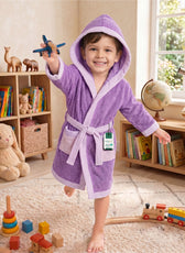 Puddle Kids Cotton Bathrobe with Hood, Tie Belt & Pockets - Light Purple