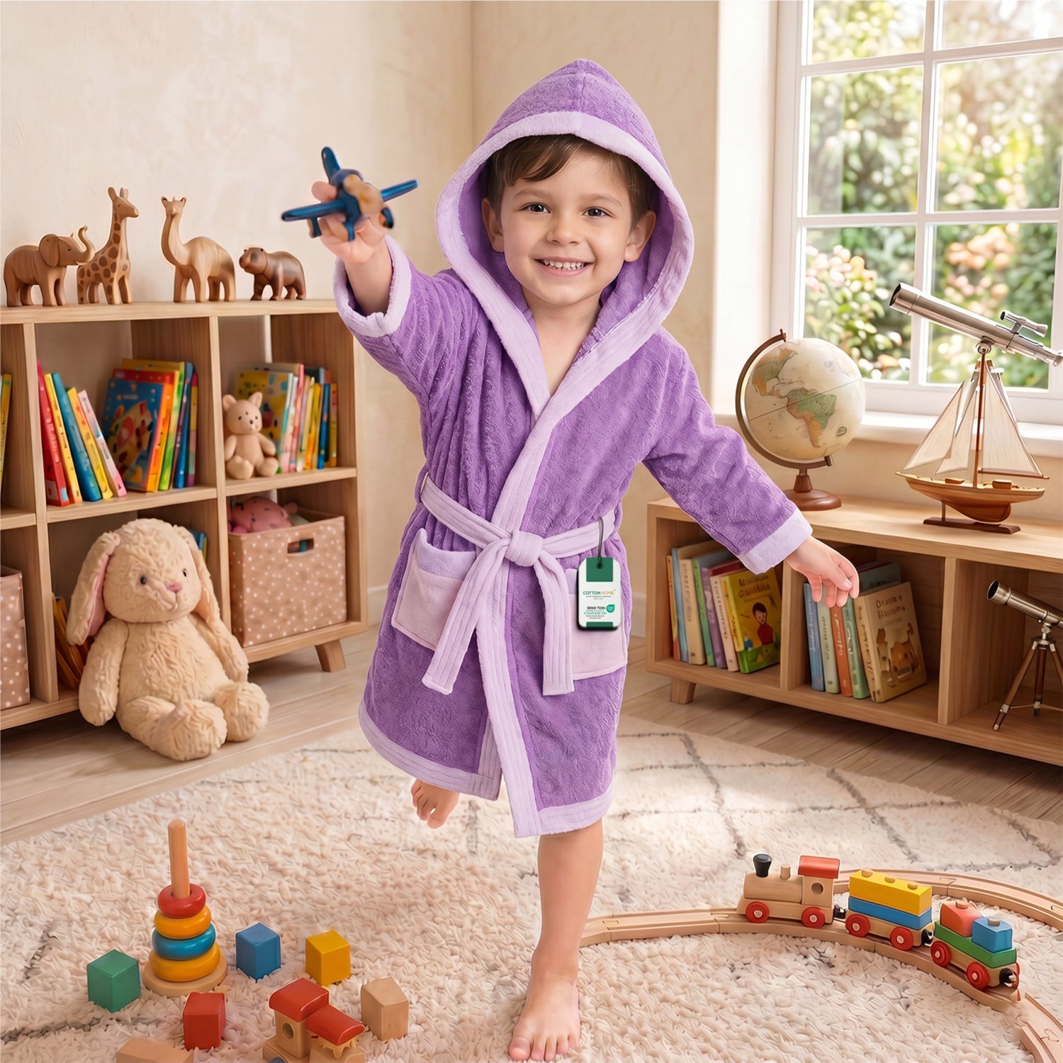 Puddle Kids Cotton Bathrobe with Hood, Tie Belt & Pockets - Light Purple