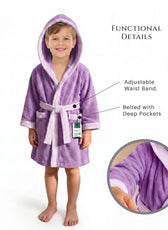 Puddle Kids Cotton Bathrobe with Hood, Tie Belt & Pockets - Light Purple