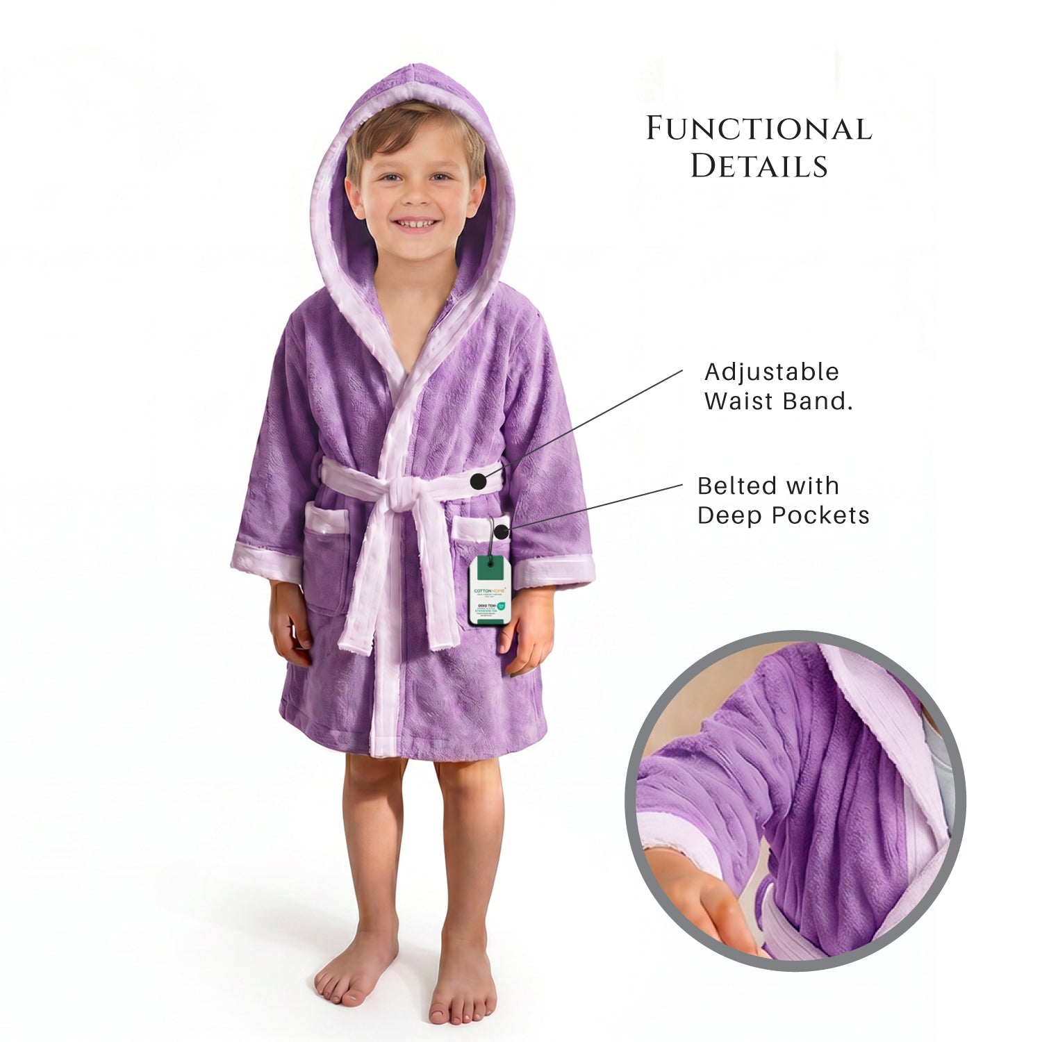 Puddle Kids Cotton Bathrobe with Hood, Tie Belt & Pockets - Light Purple