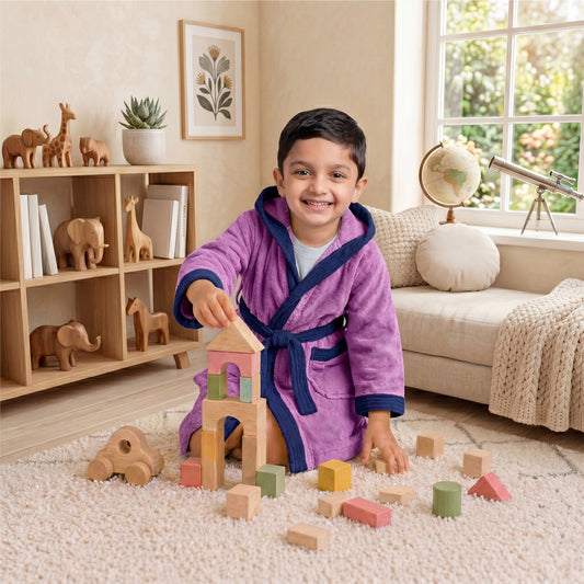 Puddle Kids Cotton Bathrobe with Hood, Tie Belt & Pockets - Purple