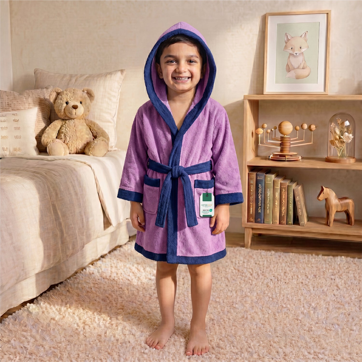 Puddle Kids Cotton Bathrobe with Hood, Tie Belt & Pockets - Purple