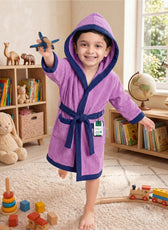 Puddle Kids Cotton Bathrobe with Hood, Tie Belt & Pockets - Purple
