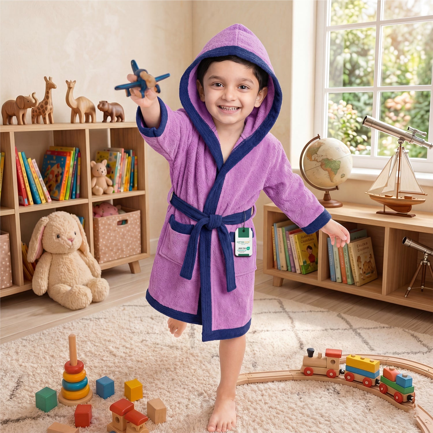 Puddle Kids Cotton Bathrobe with Hood, Tie Belt & Pockets - Purple