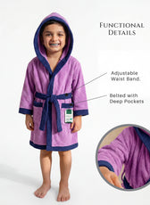 Puddle Kids Cotton Bathrobe with Hood, Tie Belt & Pockets - Purple