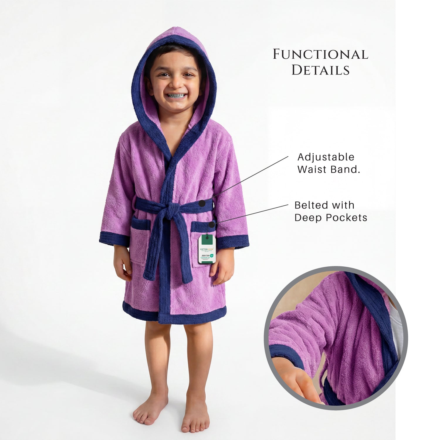 Puddle Kids Cotton Bathrobe with Hood, Tie Belt & Pockets - Purple