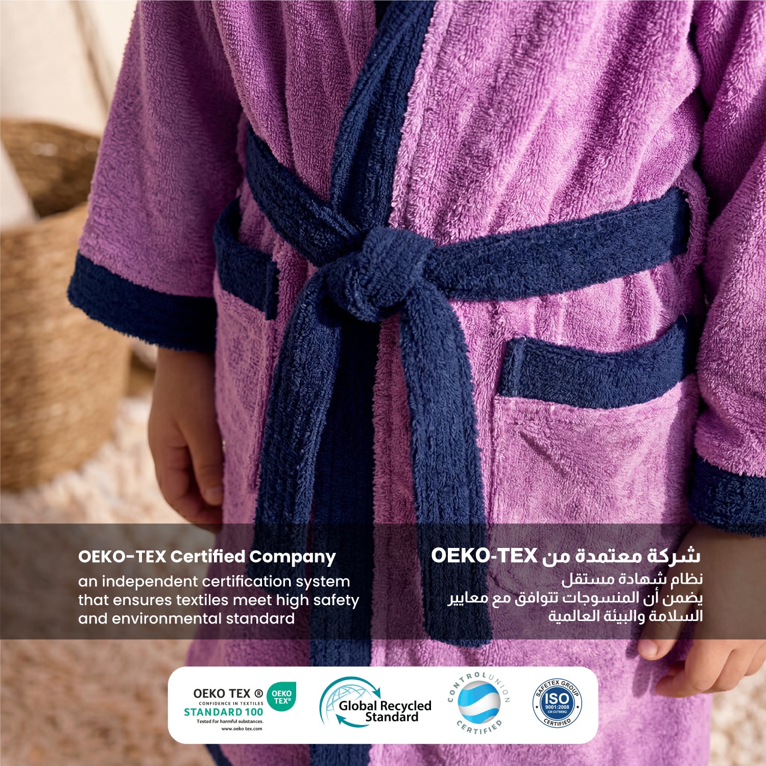 Puddle Kids Cotton Bathrobe with Hood, Tie Belt & Pockets - Purple