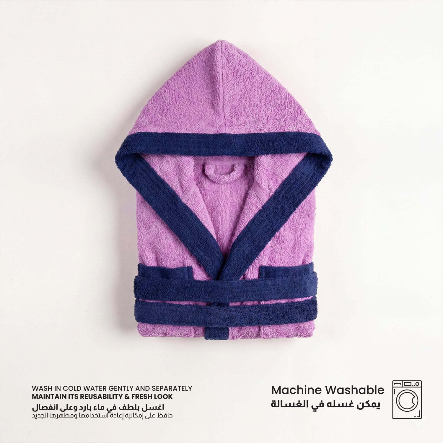 Puddle Kids Cotton Bathrobe with Hood, Tie Belt & Pockets - Purple