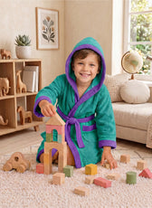 Puddle Kids Cotton Bathrobe with Hood, Tie Belt & Pockets - Teal