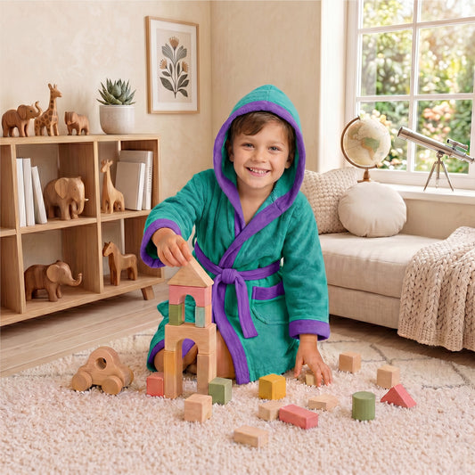 Puddle Kids Cotton Bathrobe with Hood, Tie Belt & Pockets - Teal