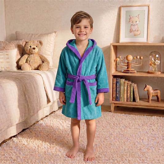 Puddle Kids Cotton Bathrobe with Hood, Tie Belt & Pockets - Teal