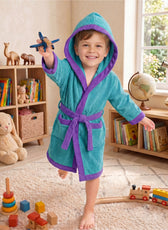 Puddle Kids Cotton Bathrobe with Hood, Tie Belt & Pockets - Teal