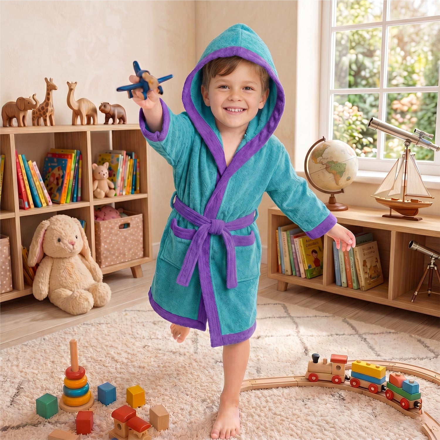 Puddle Kids Cotton Bathrobe with Hood, Tie Belt & Pockets - Teal