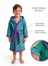 Puddle Kids Cotton Bathrobe with Hood, Tie Belt & Pockets - Teal