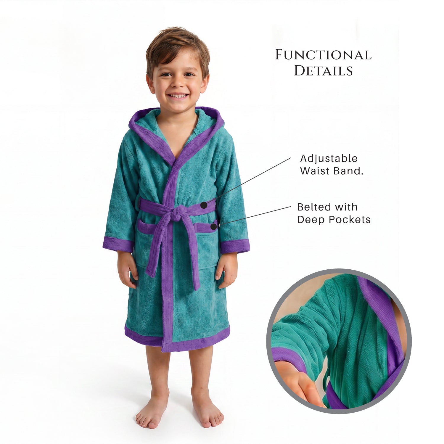 Puddle Kids Cotton Bathrobe with Hood, Tie Belt & Pockets - Teal