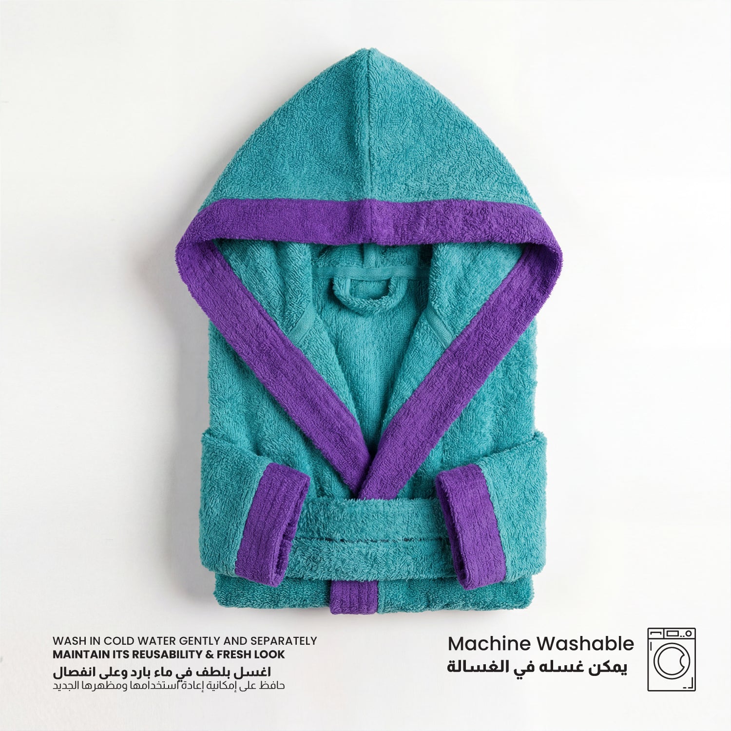 Puddle Kids Cotton Bathrobe with Hood, Tie Belt & Pockets - Teal