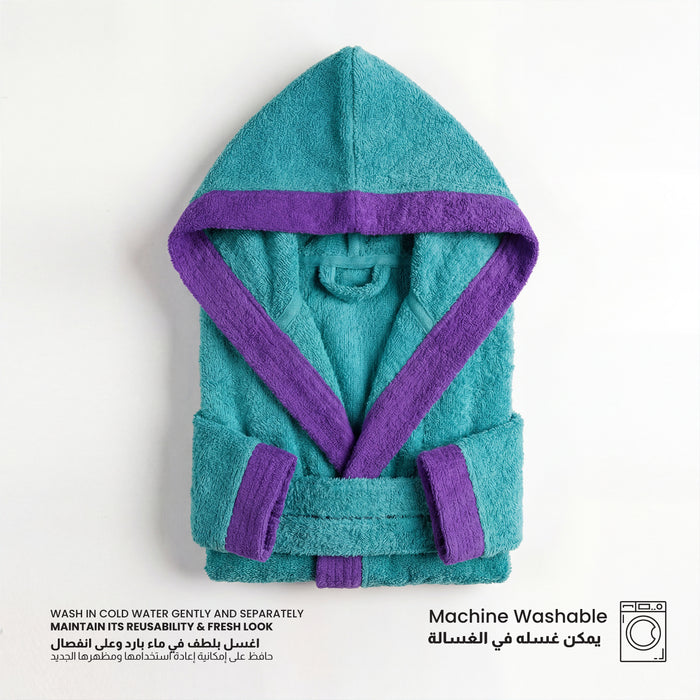Puddle Kids Cotton Bathrobe with Hood, Tie Belt & Pockets - Teal