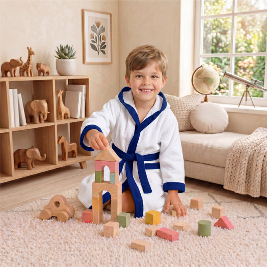 Puddle Kids Cotton Bathrobe with Hood, Tie Belt & Pockets - White