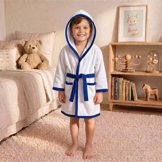 Puddle Kids Cotton Bathrobe with Hood, Tie Belt & Pockets - White