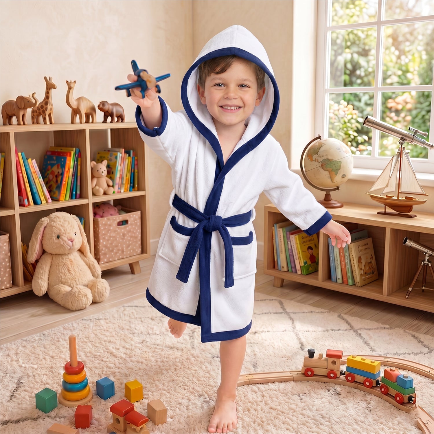 Puddle Kids Cotton Bathrobe with Hood, Tie Belt & Pockets - White