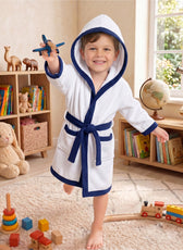 Puddle Kids Cotton Bathrobe with Hood, Tie Belt & Pockets - White